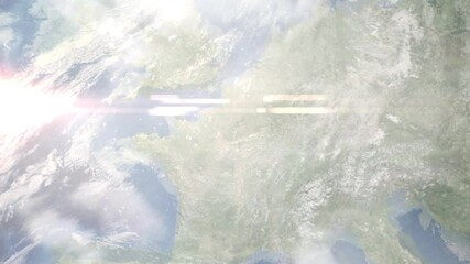 Earth zoom in from space and focus on Bobigny, France. Background for travel blog or intro. Satellite view. 3D style animation. Images from NASA.