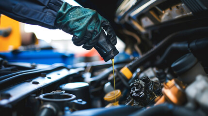 A mechanic checking the oil level in a car engine. 
