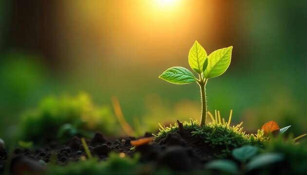 Growing green young plant sprouting in nature sunlit forest macro photography fresh environment close-up perspective