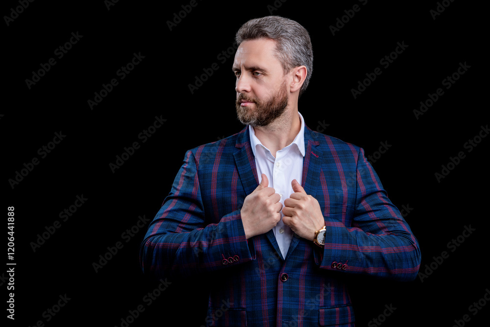 Sticker Business suit. Formal menswear concept. Man in formalwear. Businessman in elegant suit. Successful businessman isolated on black. Confident executive employee. Business manager. Copy space