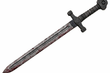 Vintage Sword with Blood Stains on the Blade and Intricate Handle