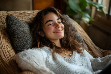 A cheerful young woman lounging in a cozy chair, radiating joy and inspiration
