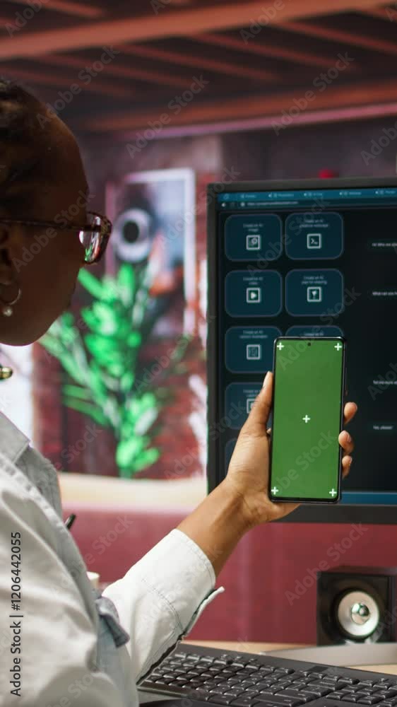 Poster vertical video woman using isolated screen smartphone and ai llm chatbot on computer screen in home 