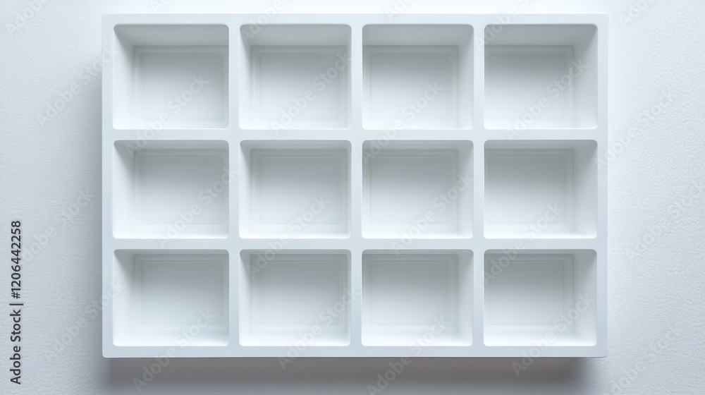 Poster minimalist white tray with twelve compartments, ideal for organizing small items in a clean space