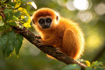 Obraz premium Orange-Furred Monkey Climbing Tree Branch in Sunlit Forest Setting