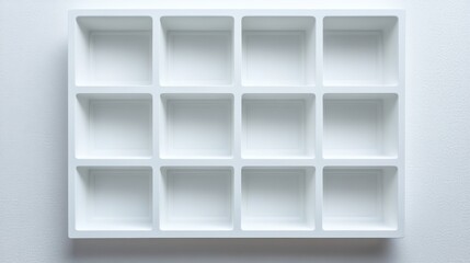Minimalist white tray with twelve compartments, ideal for organizing small items in a clean space