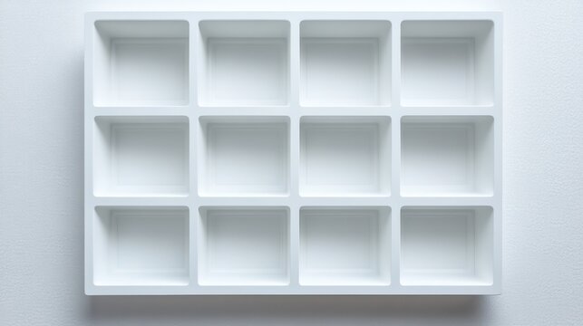 Minimalist white tray with twelve compartments, ideal for organizing small items in a clean space