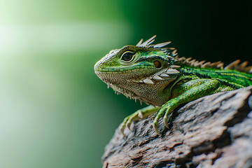 Fototapeta premium Green Lizard with Spikes Sitting on a Rock in Natural Habitat