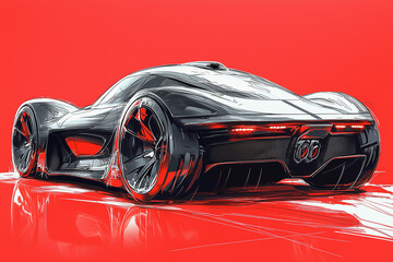 Sleek black hypercar with futuristic design against a dynamic red background.
