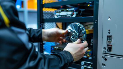 A technician installing a new hard drive in a computer. stock image, hd quality