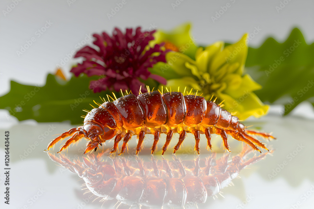 Poster Intricate Macro Shot of Colorful Insect on Glossy Surface with Flowers