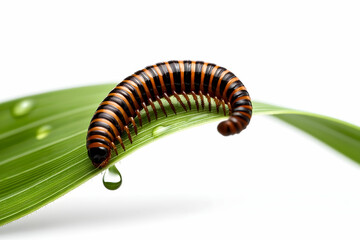 Colorful Caterpillar Crawling on Leaf with Water Droplet
