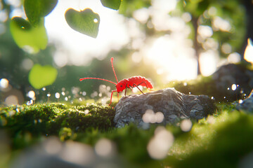 Red Insect Crawling on Rock Amid Green Leaves and Natural Light