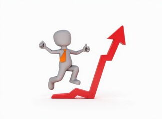 3d man red arrow success chart on white background.