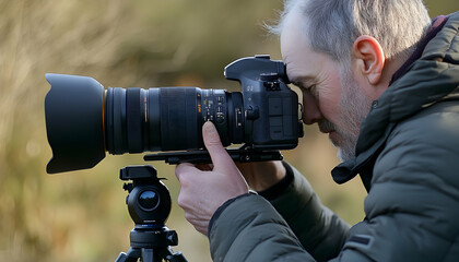 Close-up of a photographer adjusting professional camera on tripod for perfect shot
