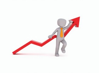 3d man red arrow success chart on white background.