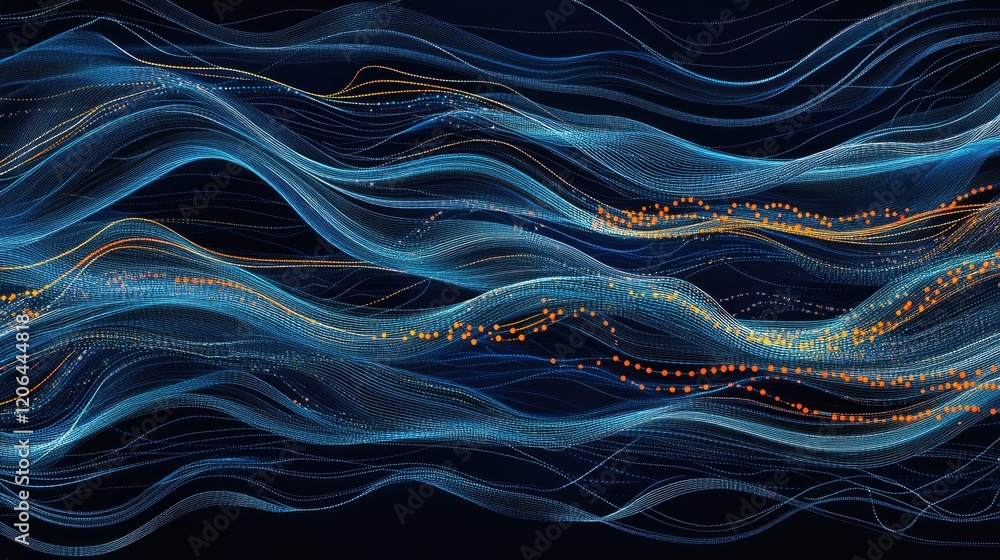 Poster an abstract design of colorful lines and dots, representing data exchange, on a dark blue background