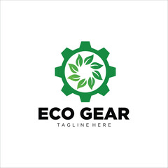 A simple green eco-friendly logo design featuring a gear symbol with nature-inspired elements such as leaves representing sustainability and environmental preservation.