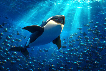 Obraz premium Majestic Orca Swimming in Clear Blue Ocean Among School of Fish