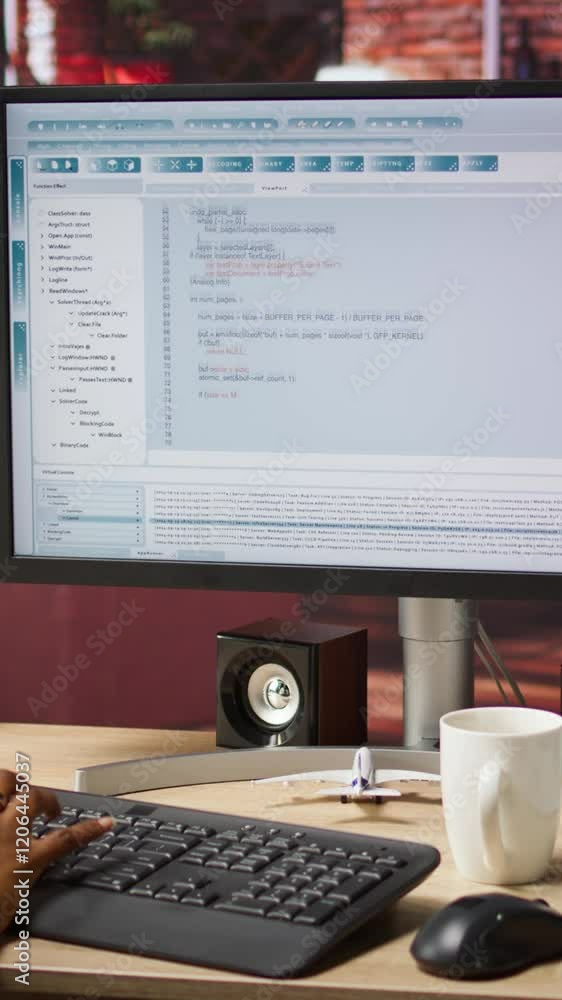 Fototapete Vertical video Woman in home office looking at UI on PC screen, typing and executing programming code. Coding application UI used by IT developer writing and testing code in modern apartment, camera A