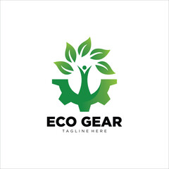 A simple green eco-friendly logo design featuring a gear symbol with nature-inspired elements such as leaves representing sustainability and environmental preservation.