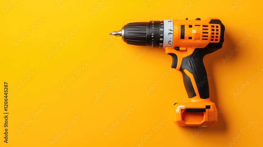 Poster a bright cordless drill displayed on a vibrant yellow background with sharp shadows for contrast.