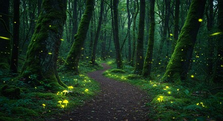 An enchanted forest path illuminated by fireflies and soft magical lights
