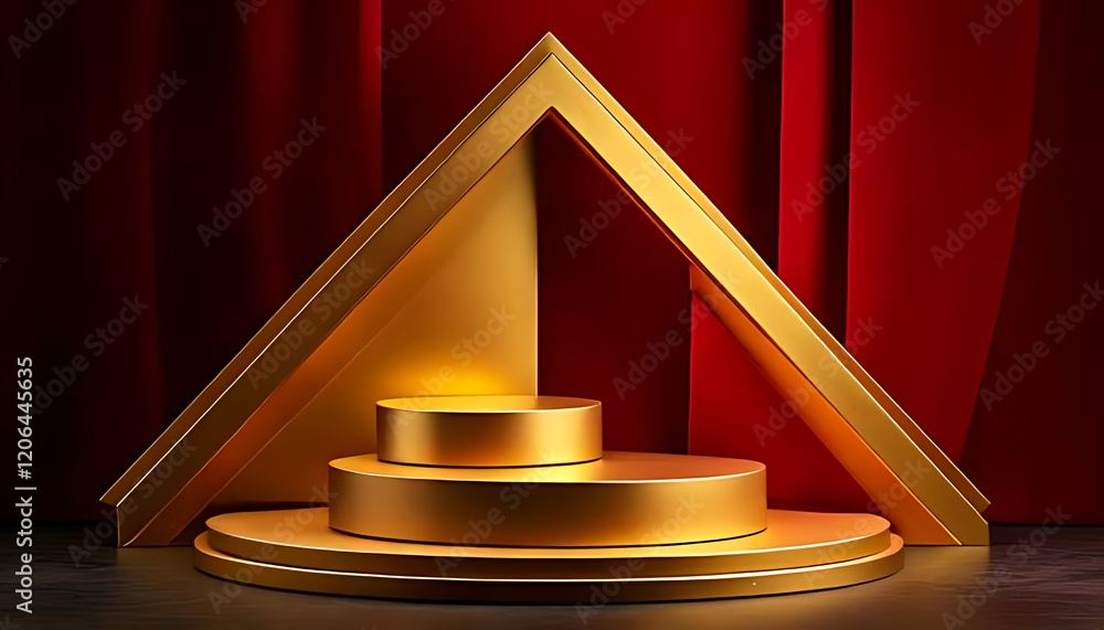 Poster a three-tiered gold display sits in a triangular frame against a red backdrop.