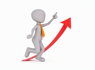 3d man red arrow success chart on white background.