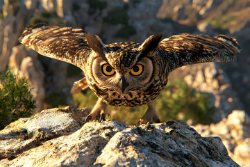 Obraz premium Majestic Owl Spreading Wings in Natural Rocky Habitat at Sunset