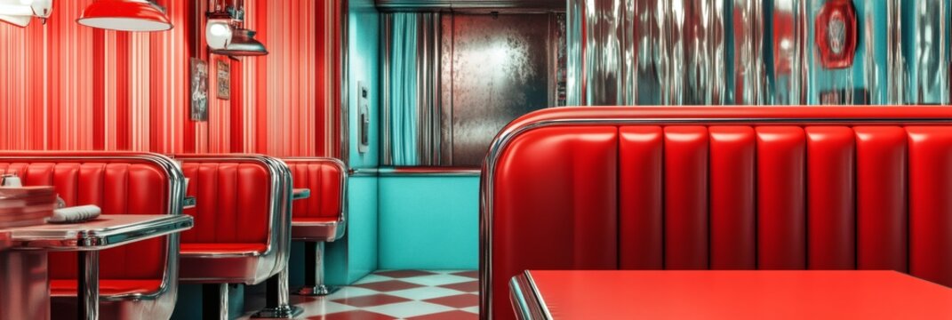 Retro diner moodboard with vibrant red booths chrome details and vintage aesthetics