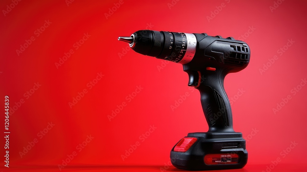 Poster a close-up of a cordless drill's led light and speed control dial, placed on a vibrant red backgroun