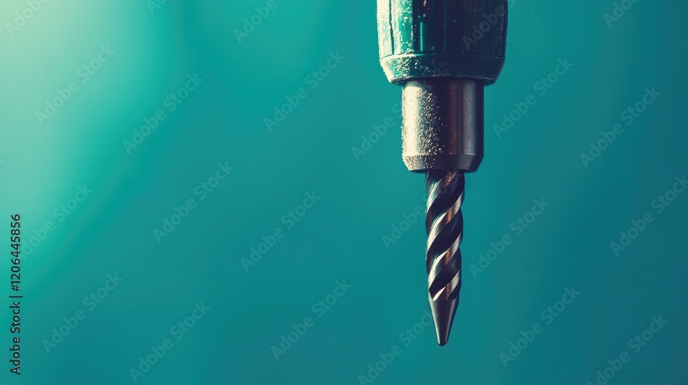 Poster a close-up of a drill bit attached to an electric drill on a solid teal background with a subtle sha