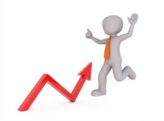 3d man red arrow success chart on white background.