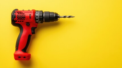 A close-up of a drill bit attached to a cordless drill, placed on a bold yellow surface.
