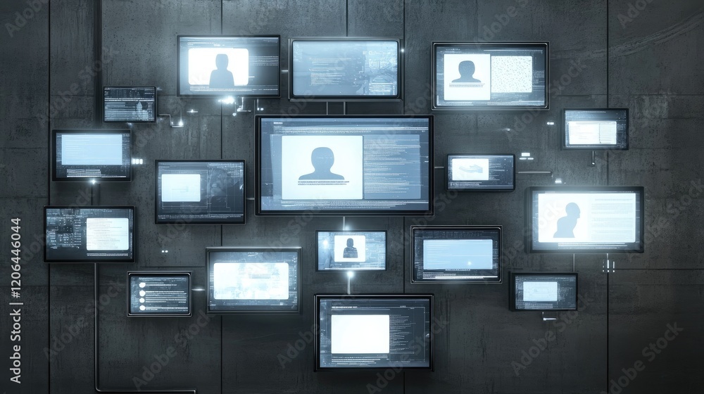 Poster a cluster of digital screens with chat windows displayed on a futuristic gray background.