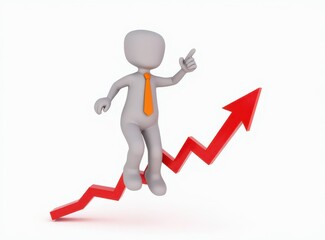3d man red arrow success chart on white background.