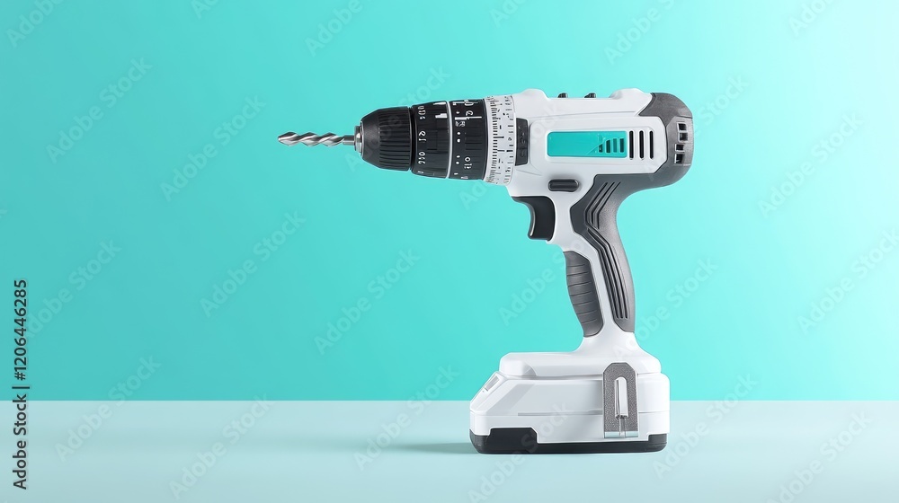 Poster a compact drill with multiple attachments on a clean white and teal gradient background.