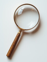 Vintage magnifying glass with a wooden handle on a plain white background, representing curiosity and discovery.  
