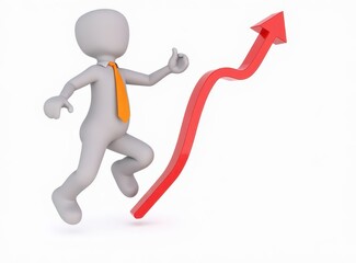 3d man red arrow success chart on white background.