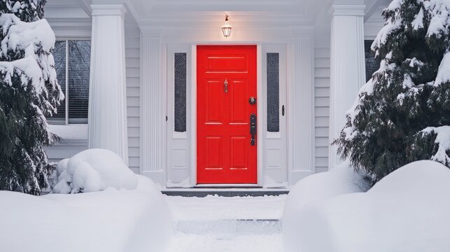 Snowy Entrance: A Vibrant Red Door Amidst Winter Wonderland