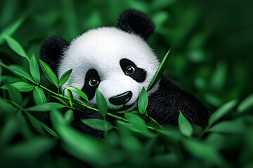 Cute Panda Surrounded by Lush Green Bamboo Leaves in Nature