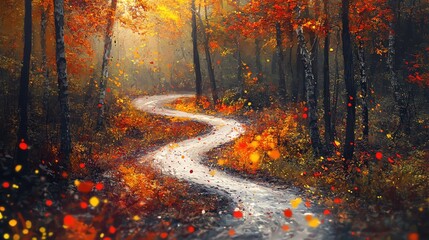 Magical Autumn Path with Golden and Red Leaves, Winding Forest Road in Warm Fall Colors with Enchanting Seasonal Landscape Illustration