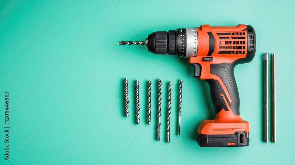 Poster a cordless drill and a set of drill bits neatly arranged on a vibrant green background.