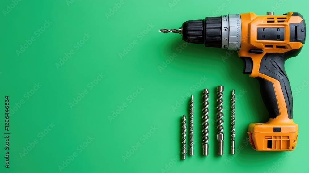 Poster a cordless drill and a set of drill bits neatly arranged on a vibrant green background.