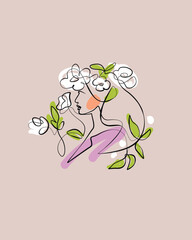 continuous one line drawing . woman in flowers. outline illustration. atr ptint. modern artwork. line art. fashion illustration.