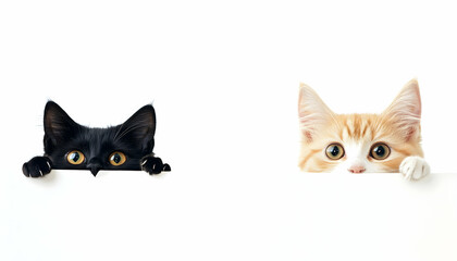 Fototapeta premium Cute different cats peeking on an isolated white background, with copy space, blank for text ads, and graphic design