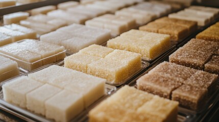 A vibrant display of assorted traditional sweets arranged neatly on trays in a market setting
