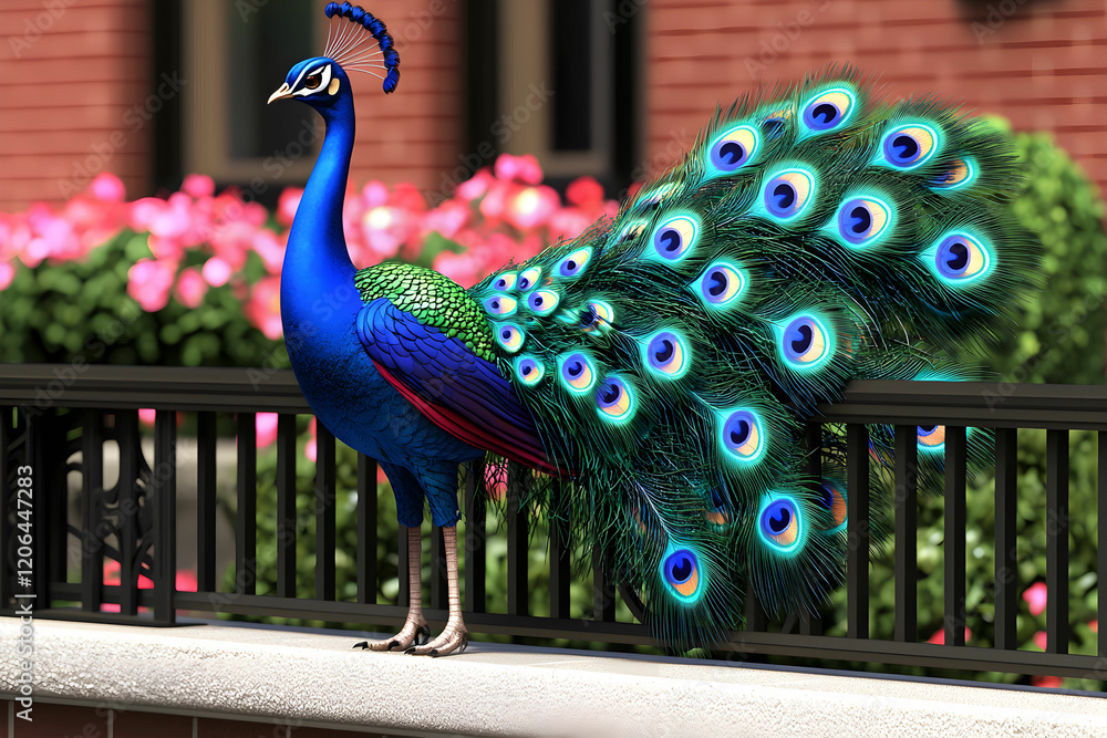 Poster vibrant peacock displaying its colorful feathers in garden setting