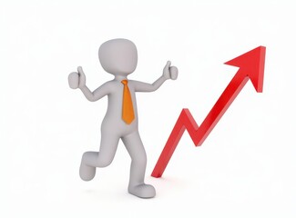 3d man red arrow success chart on white background.